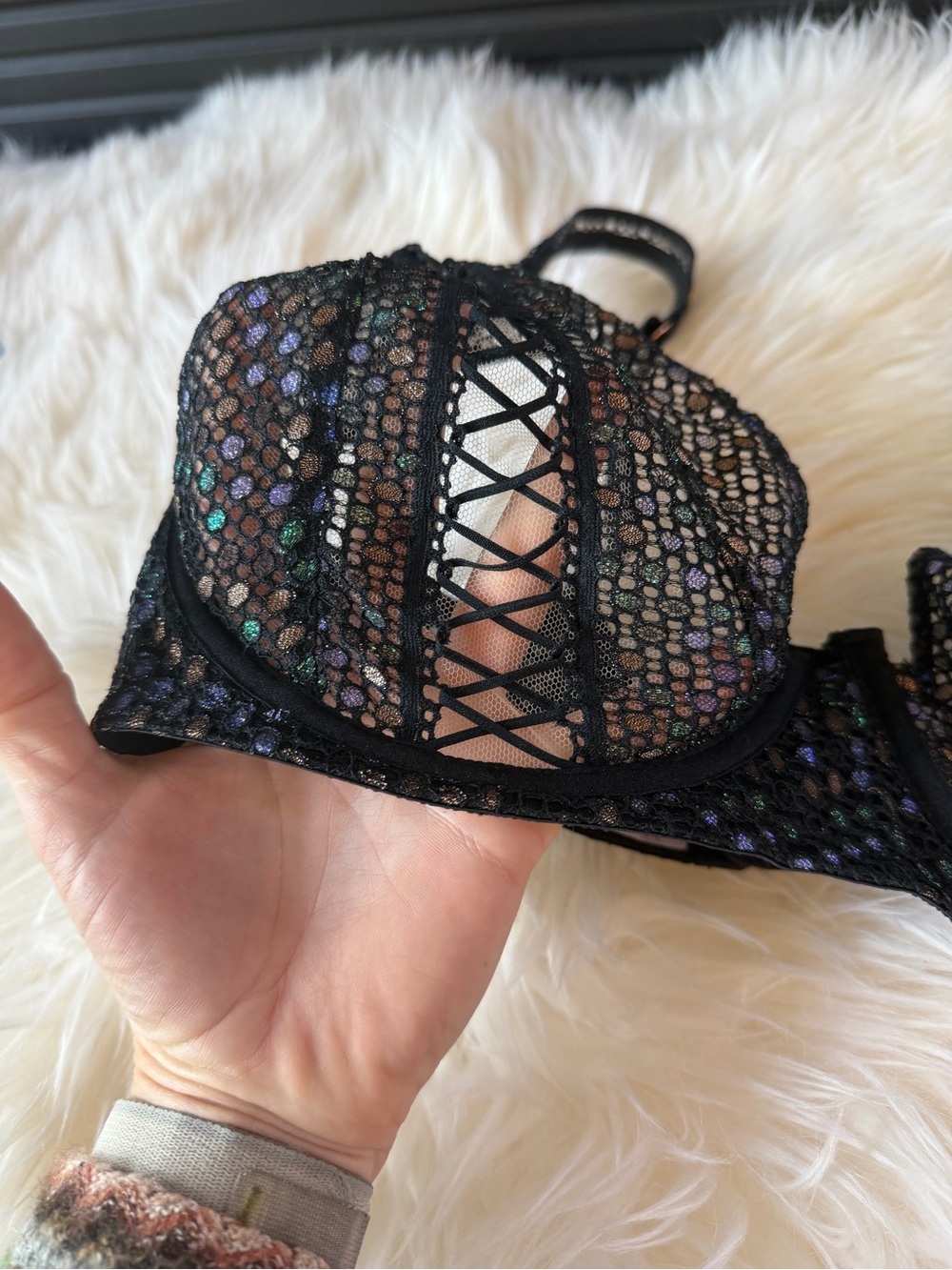 Savage X Fenty Disco Lace Up unlined underwire bra sheer black IRIDESCENT 36DDD - Picture 5 of 10